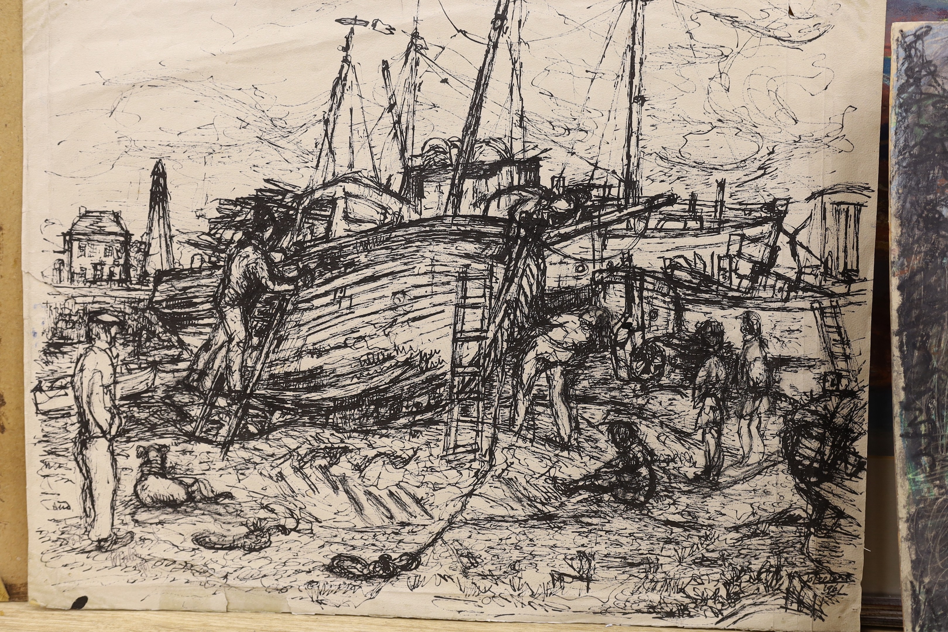 Modern British, artist proof print, Abstract coastal scene, indistinctly signed, 35 x 47cm, together with two unframed drawings